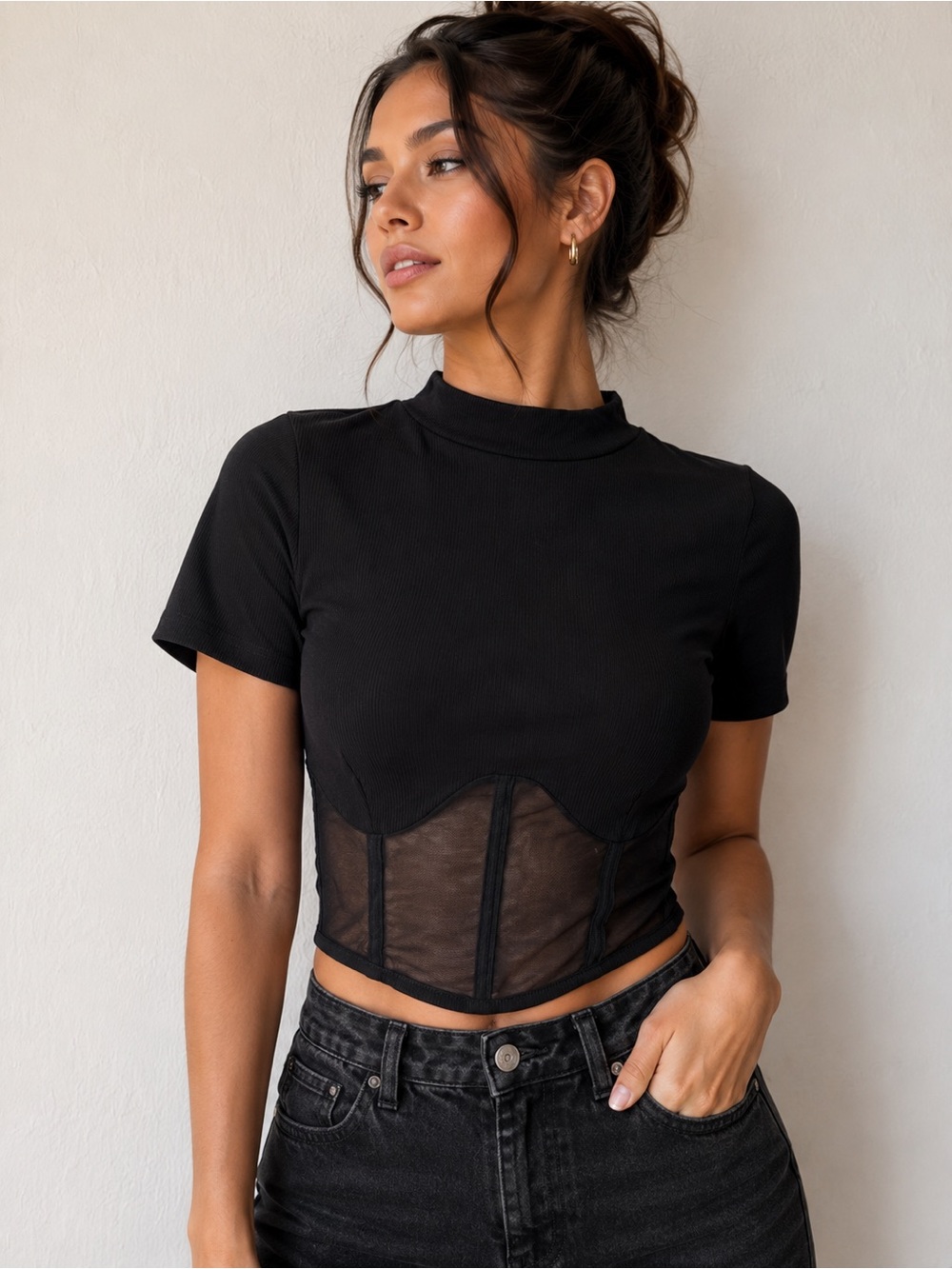 Black Ribbed Mesh Corset Crop Top Mock Neck Short Sleeve Edgy Y2K Goth